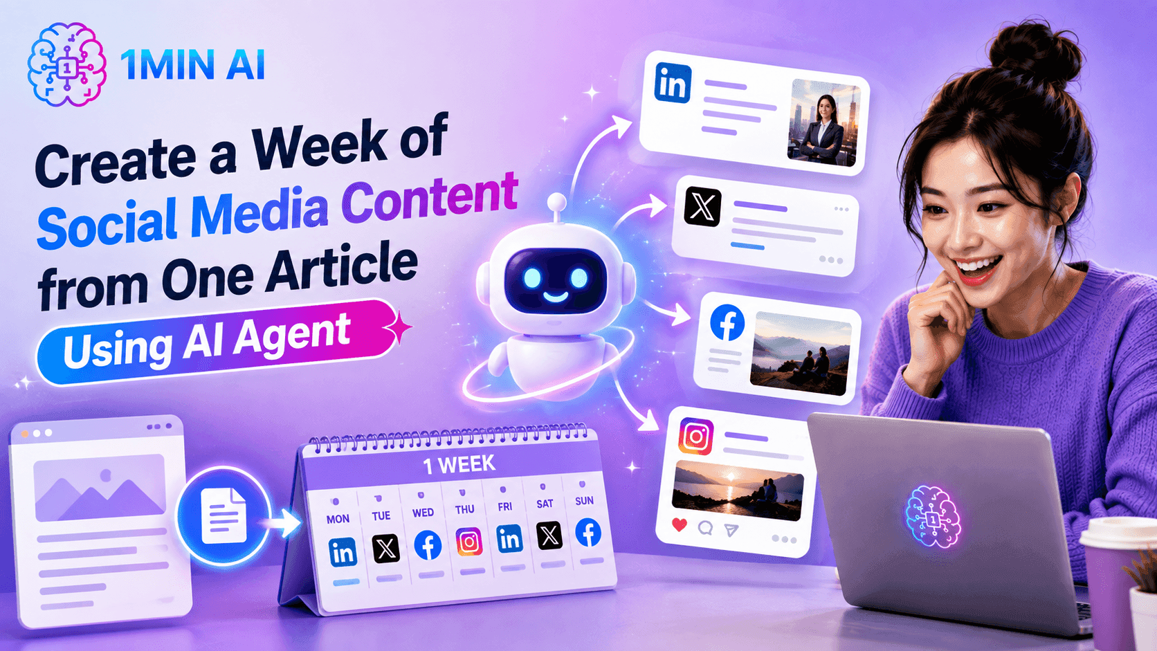 1MIN AI agent creates a week of social media content from one article.