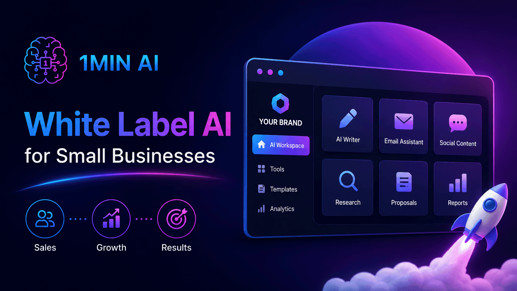 Dashboard showcasing white label AI solutions for small businesses, featuring various AI tools and a launching rocket.