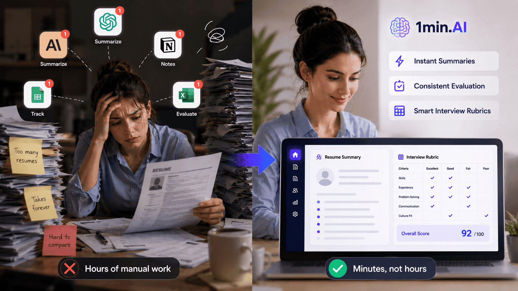 Stressed woman with paperwork versus calm woman using 1min.ai software for hiring efficiency.