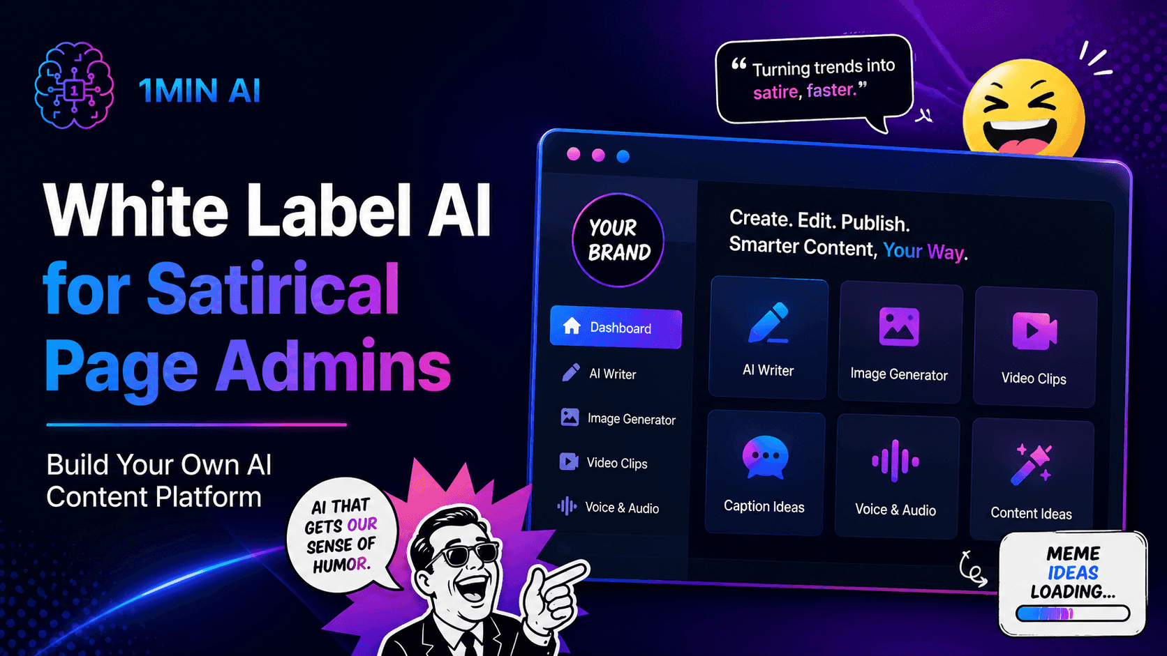 White Label AI platform for satirical page admins, offering content creation tools.