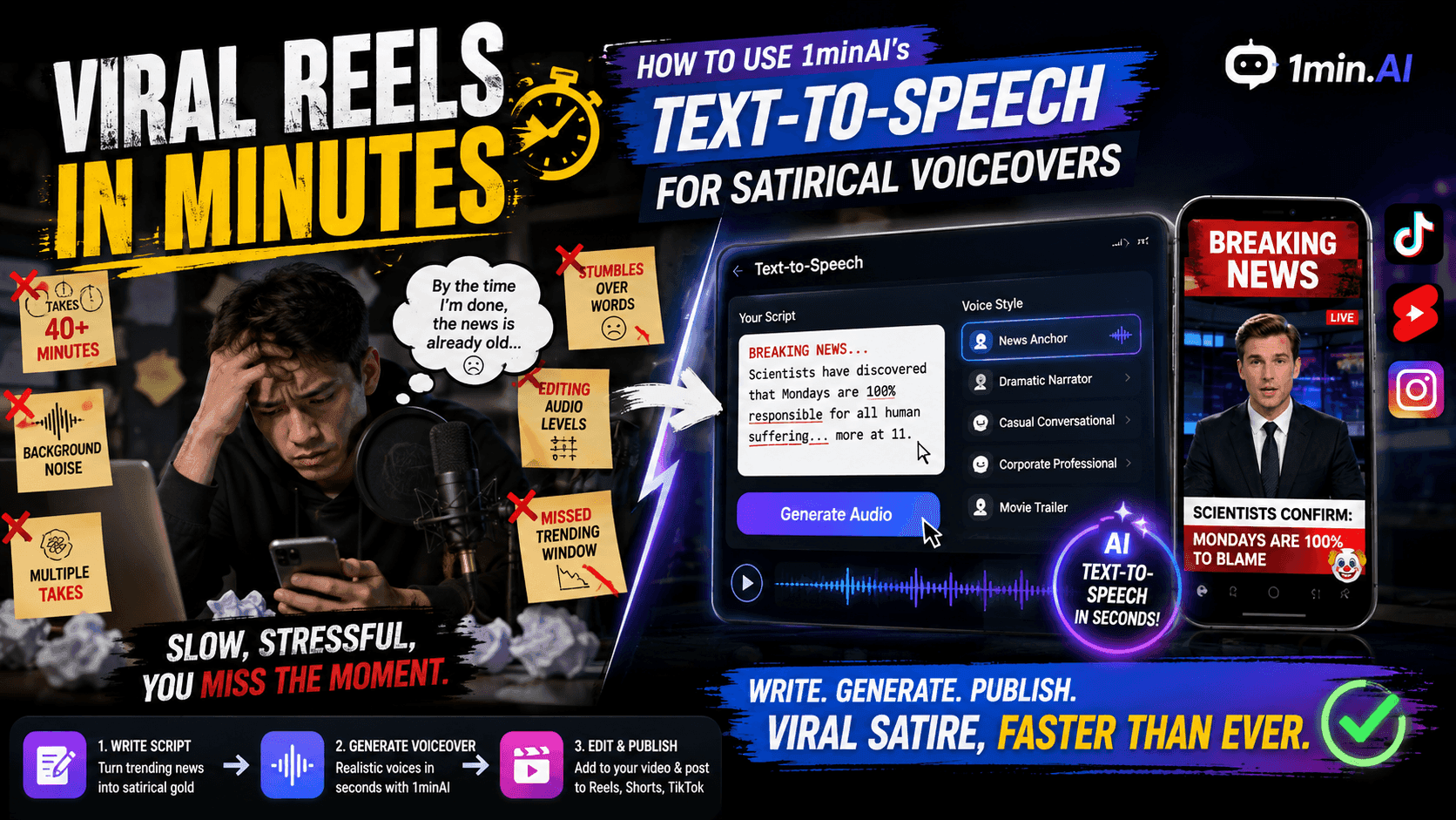Promotional banner for 1min.AI's text-to-speech creating viral satirical reels contrasting manual effort.