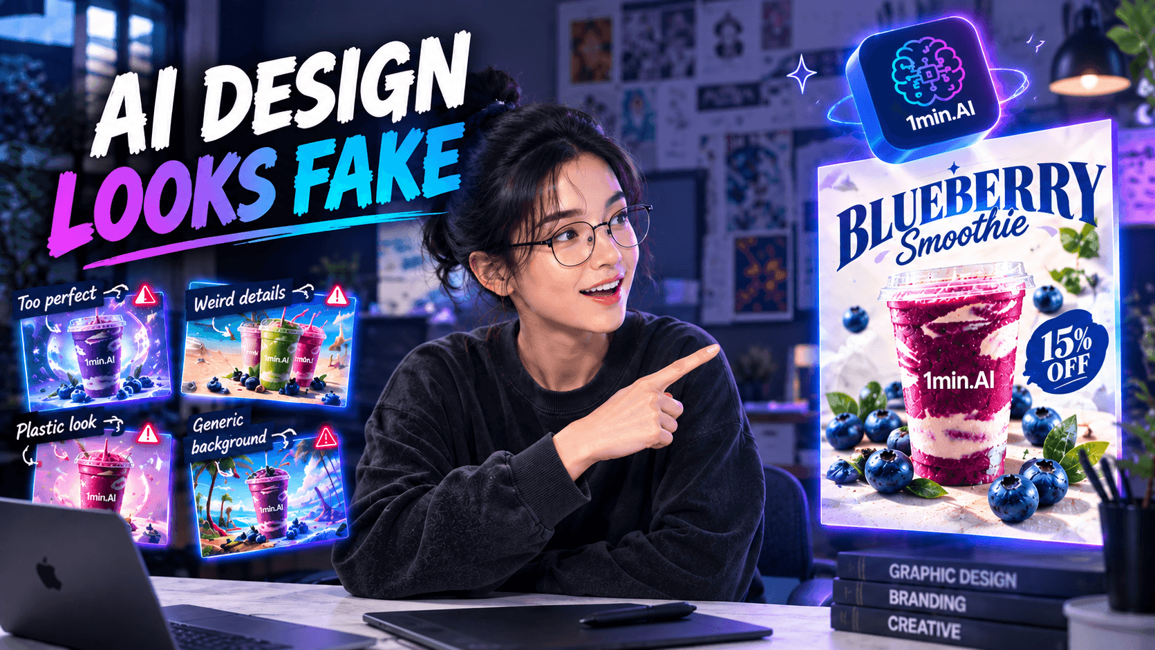 A woman points to a screen displaying 'AI Design Looks Fake' with a blueberry smoothie ad.