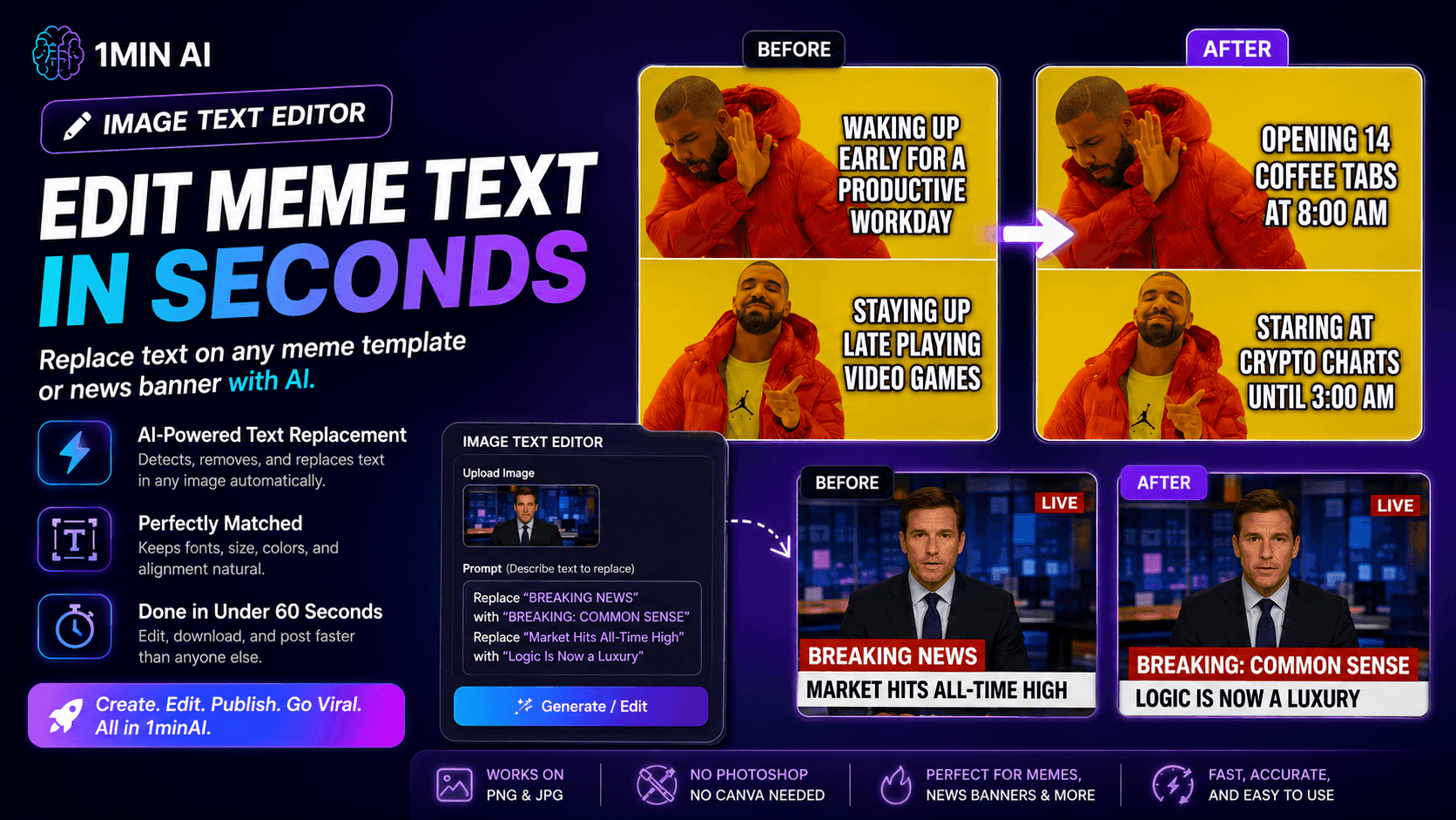 1MIN AI image text editor ad showing AI-powered replacement of text in memes and news banners.