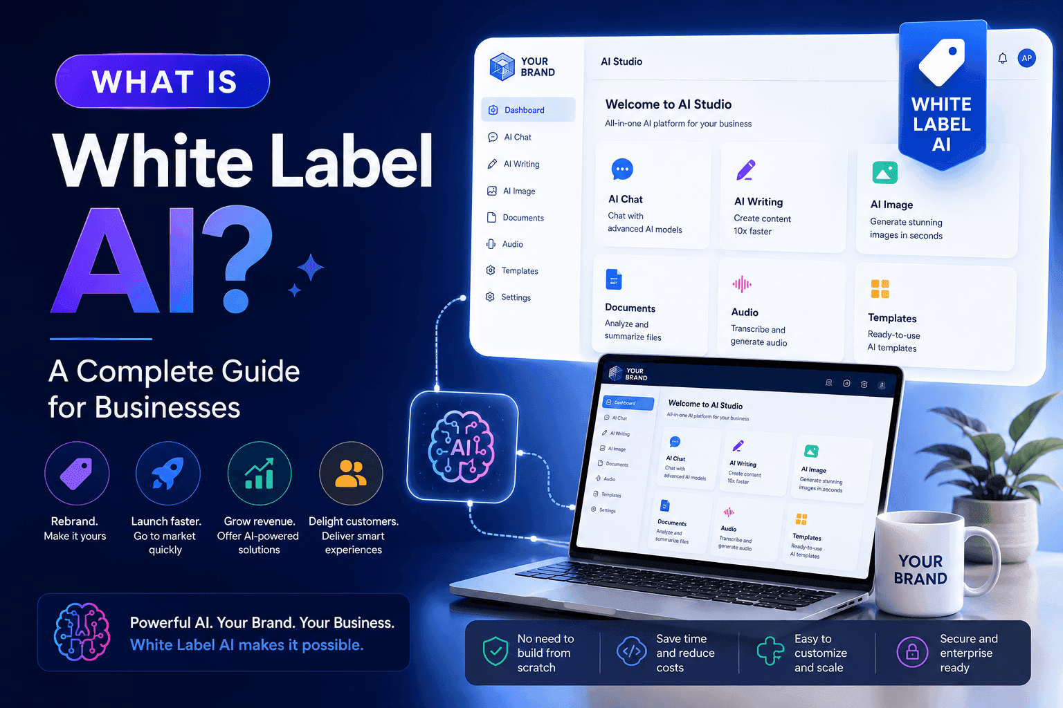 White label AI guide graphic showing a branded dashboard, business benefits, and custom solutions.