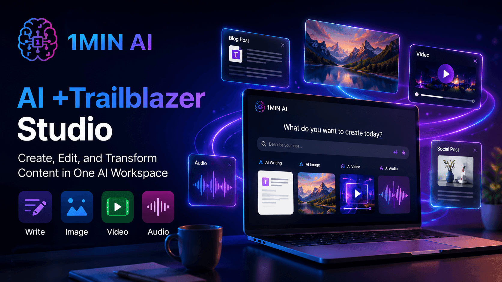 Laptop displays 1MIN AI +Trailblazer Studio for creating and transforming content.