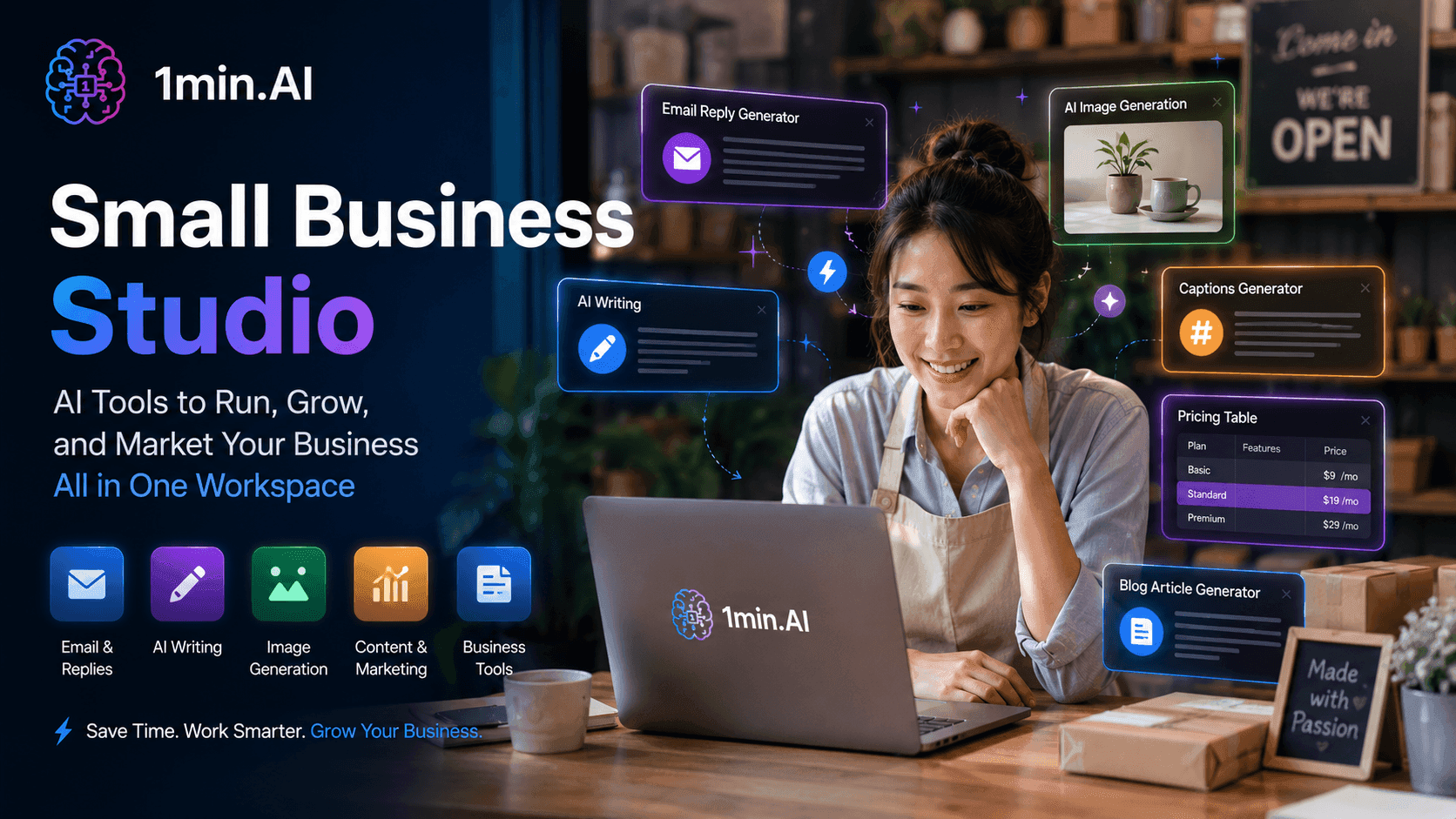 Smiling woman works on laptop at a small business studio with AI tools.