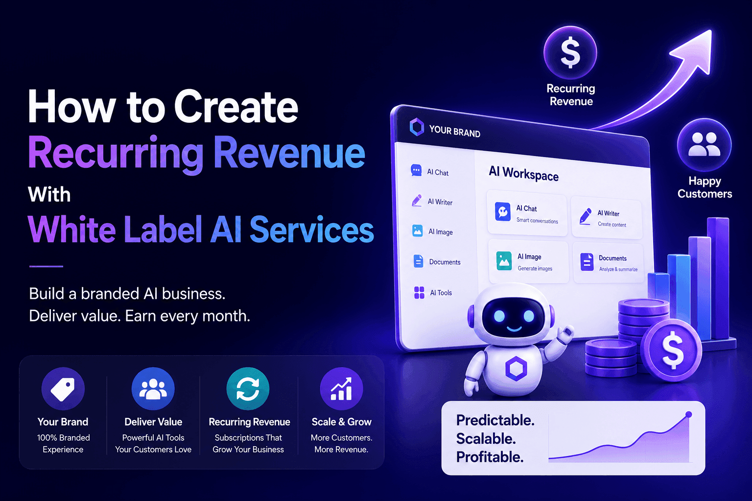 White Label AI Services ad showing recurring revenue growth through a dashboard and robot.
