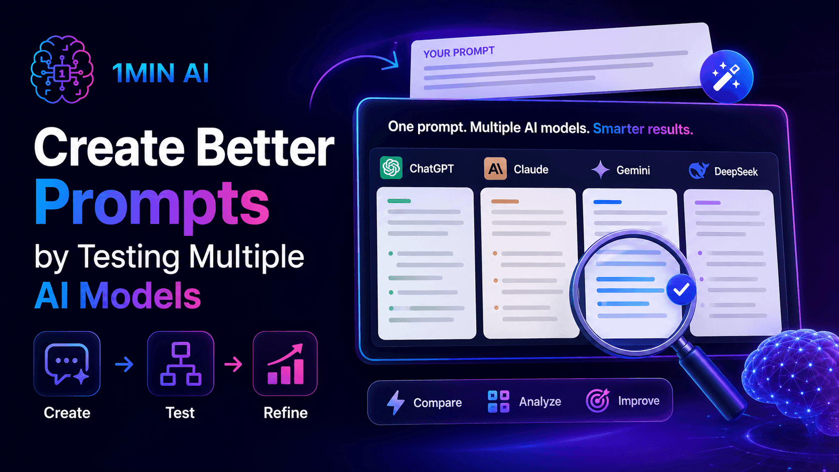 1MIN AI banner illustrating how to create better prompts by testing multiple AI models.