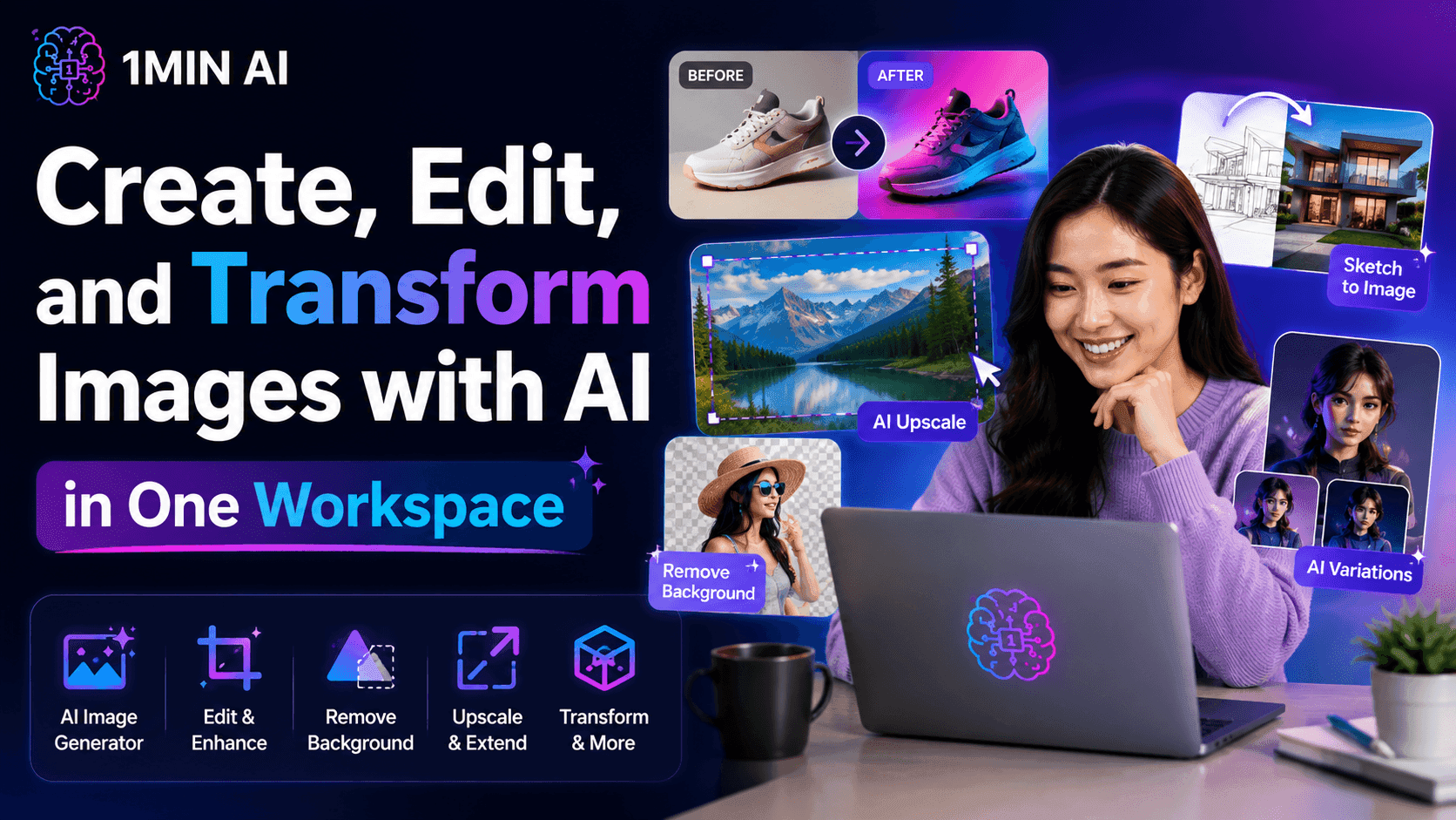 Woman using AI workspace to create, edit, and transform images with various tools.