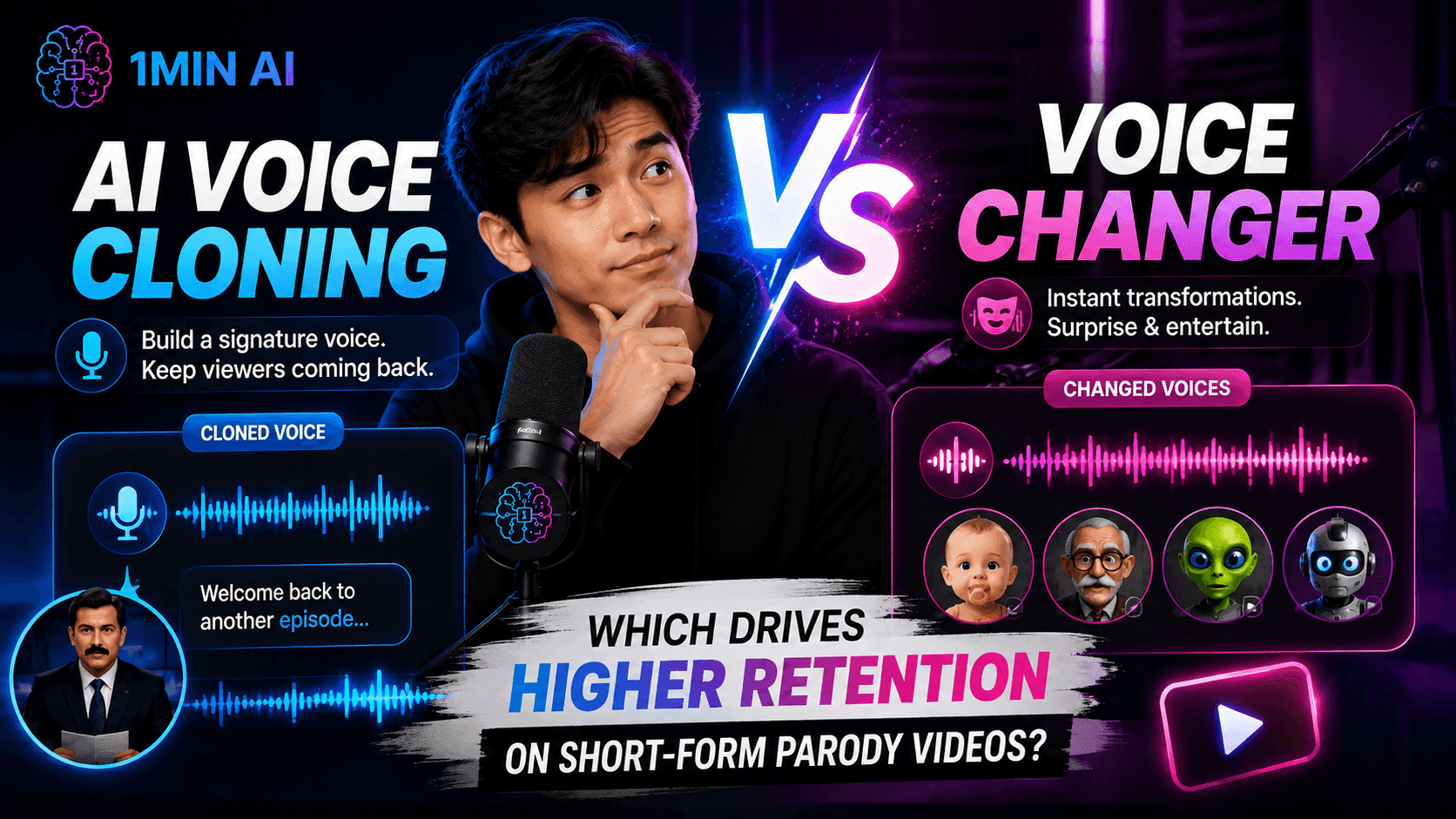 Thumbnail comparing AI Voice Cloning versus Voice Changer for short-form parody video retention.