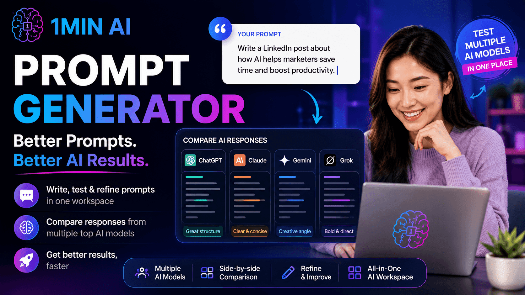 Woman smiling while using 1MIN AI Prompt Generator to compare multiple AI model responses.