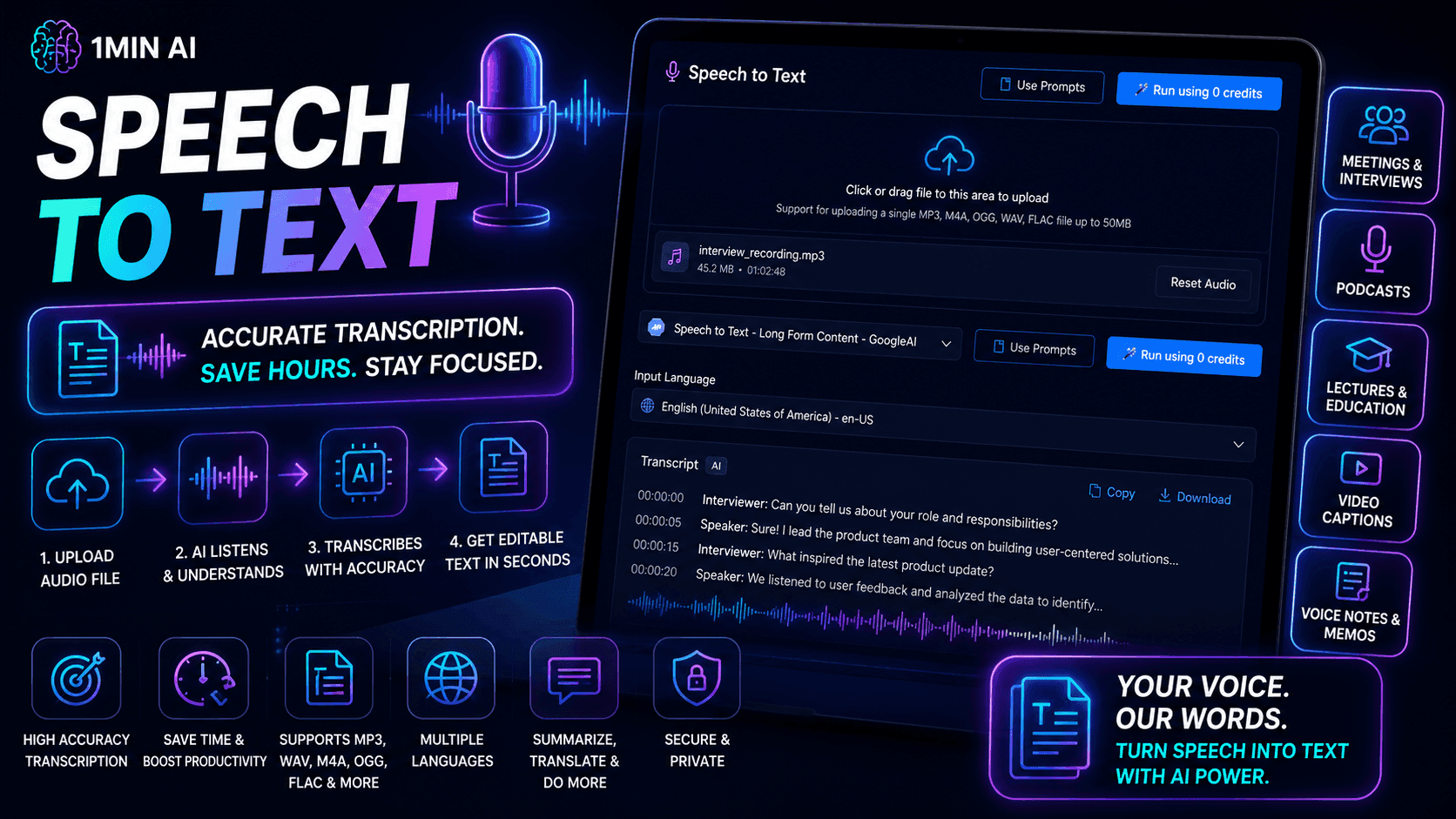 IMIN AI Speech to Text software interface, highlighting accurate transcription and time-saving features.