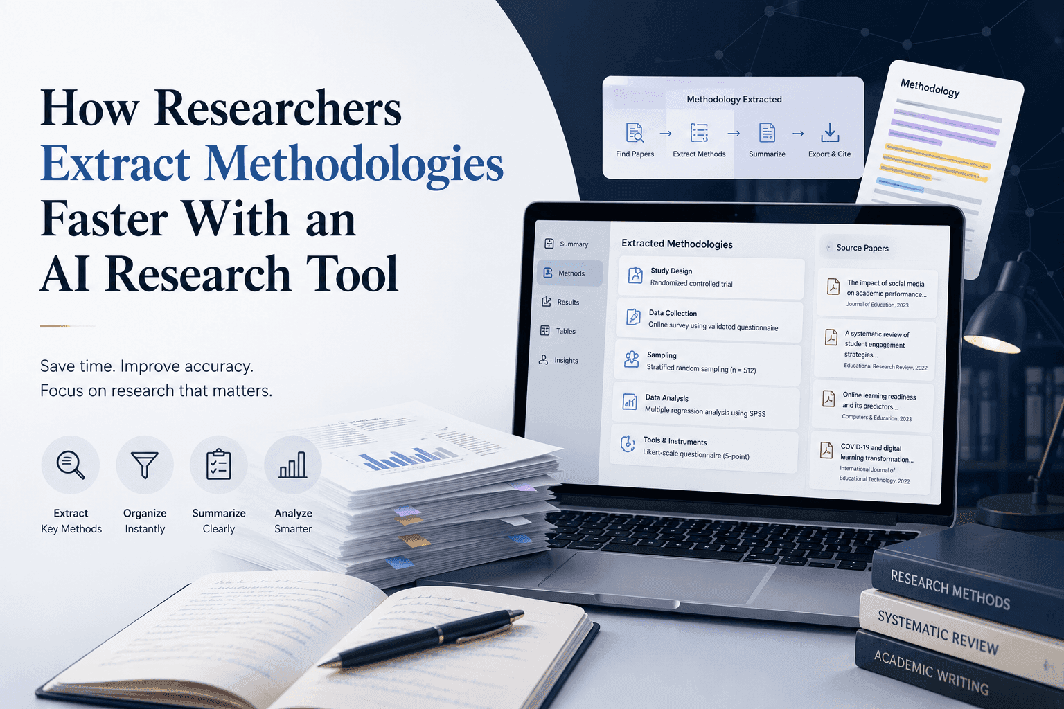 AI research tool on a laptop screen assisting researchers in extracting methodologies faster.