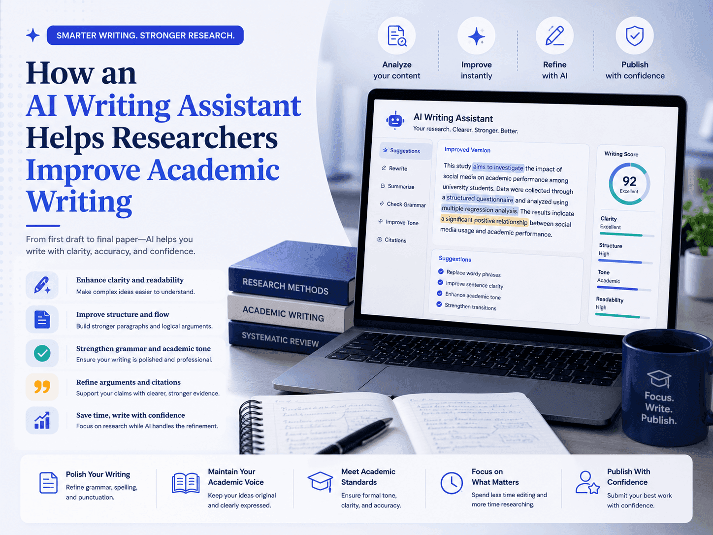 Laptop displaying AI writing assistant software with research books and coffee.