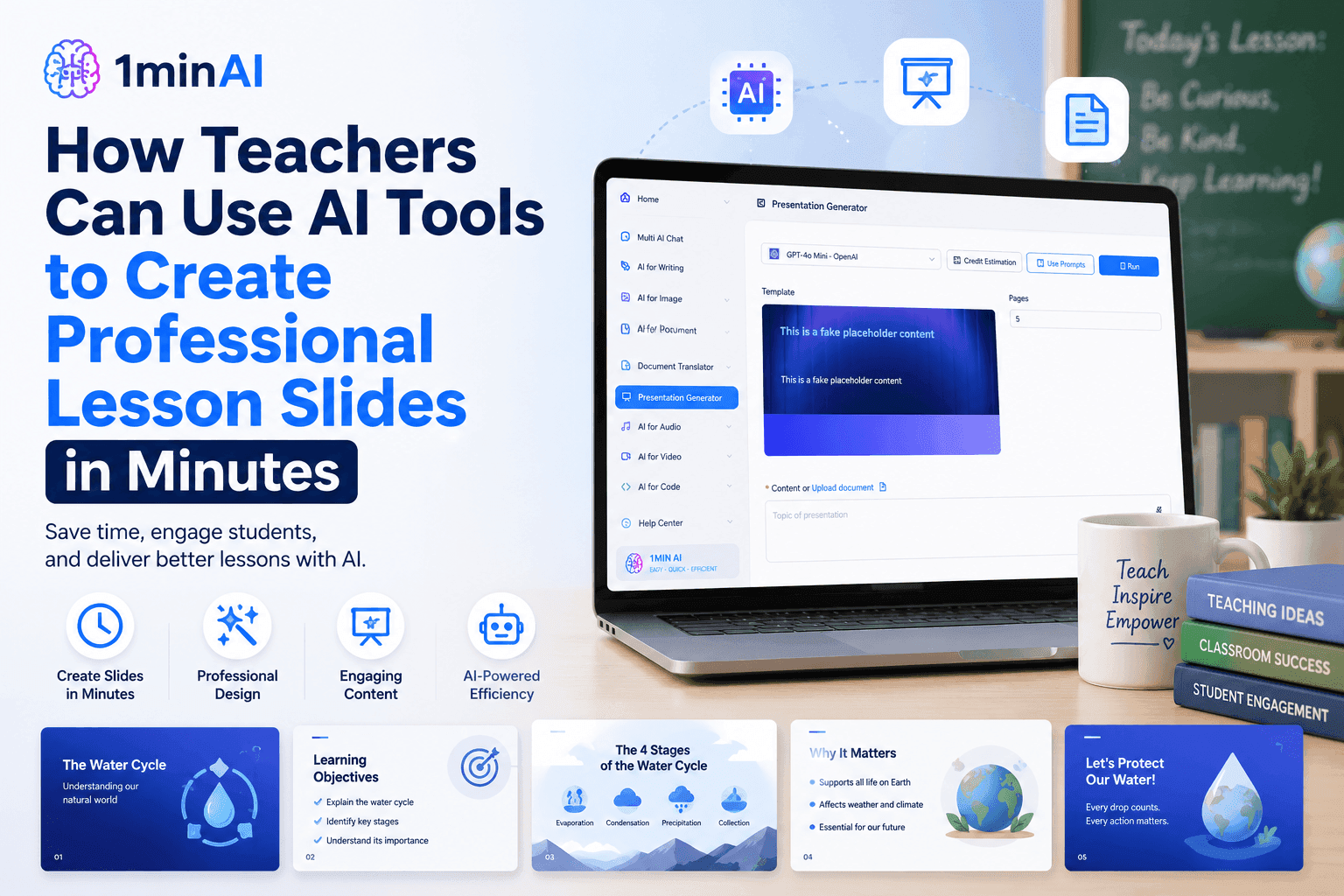 1minAI promotes an AI tool helping teachers create professional lesson slides quickly.