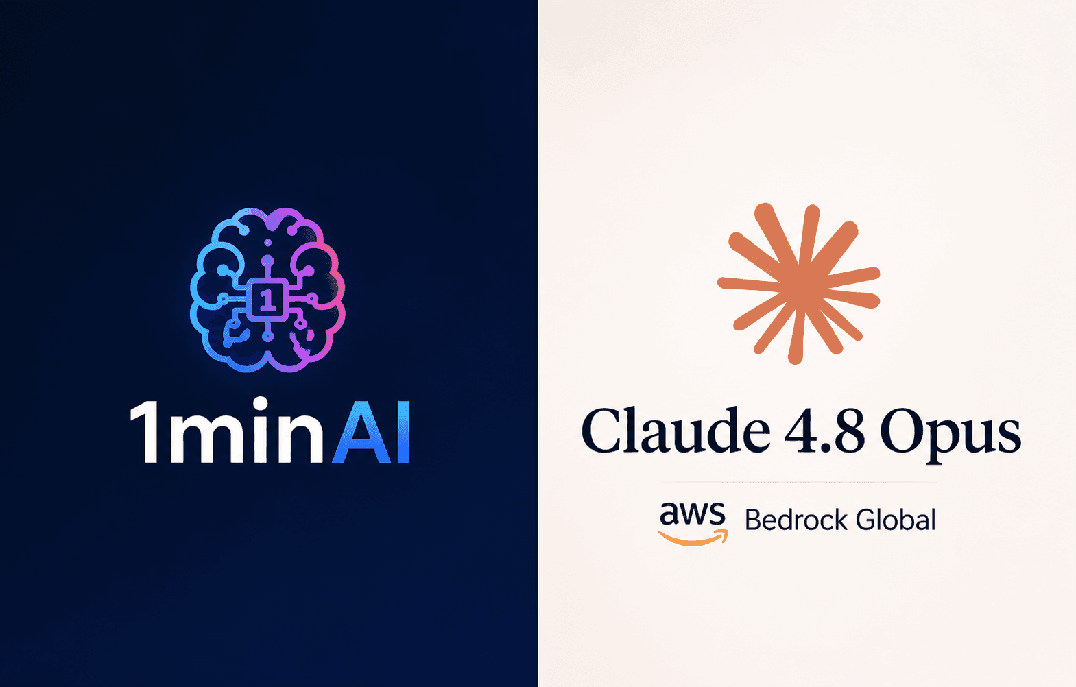 Logos for 1minAI and Claude 4.8 Opus on AWS Bedrock Global, signifying a partnership.
