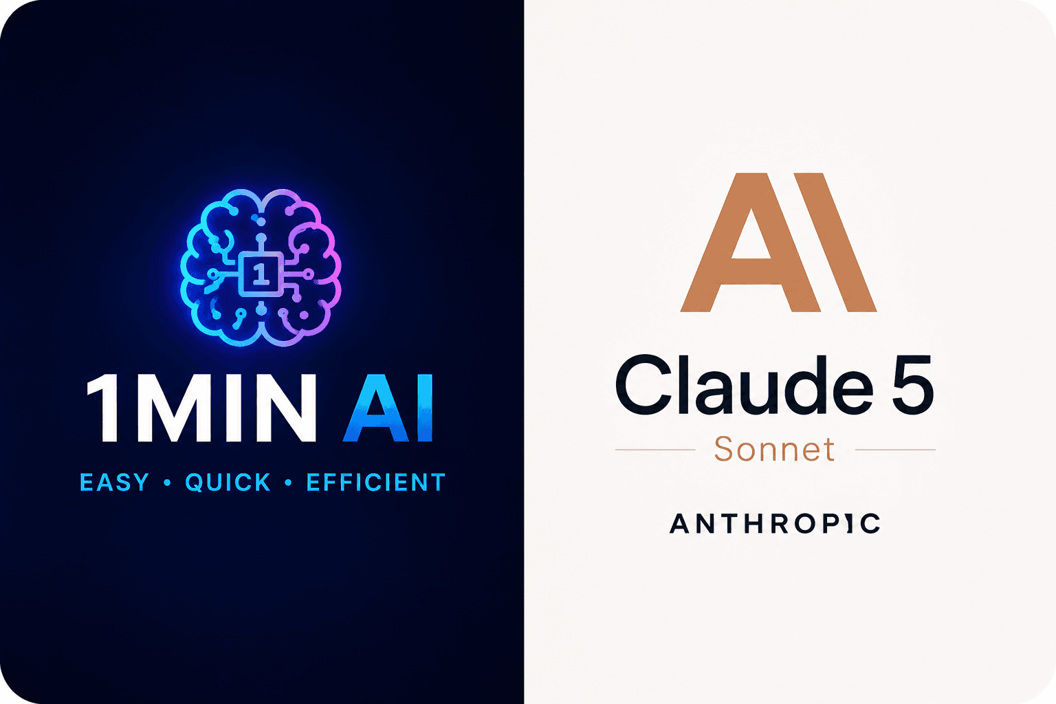 1MIN AI branding with neon brain logo next to Claude 5 Sonnet branding by Anthropic.