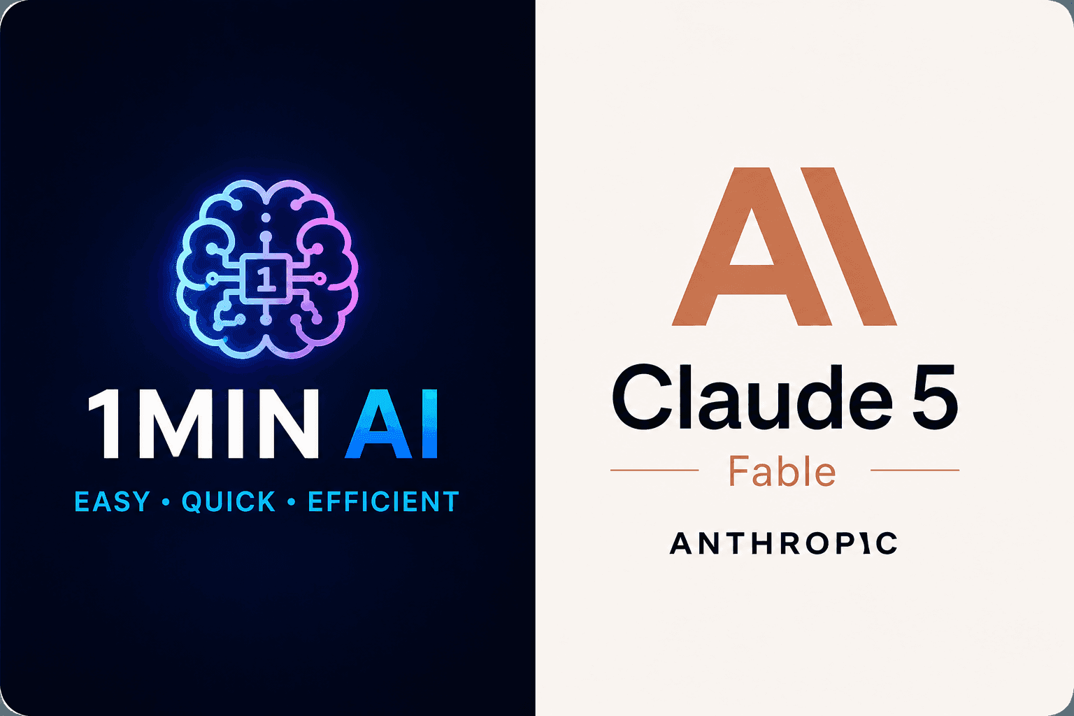 Neon brain logo for 1MIN AI next to the Claude 5 by Anthropic Fable branding.