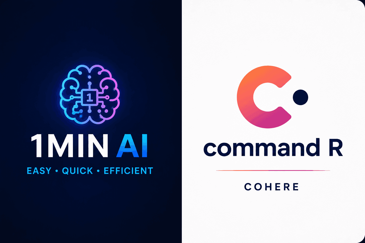 Two logos side by side: '1MIN AI' with a brain icon and 'command R' by Cohere.