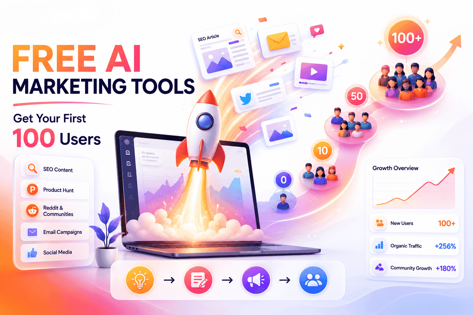 1minAI promotes free AI marketing tools with a rocket illustrating rapid user growth.