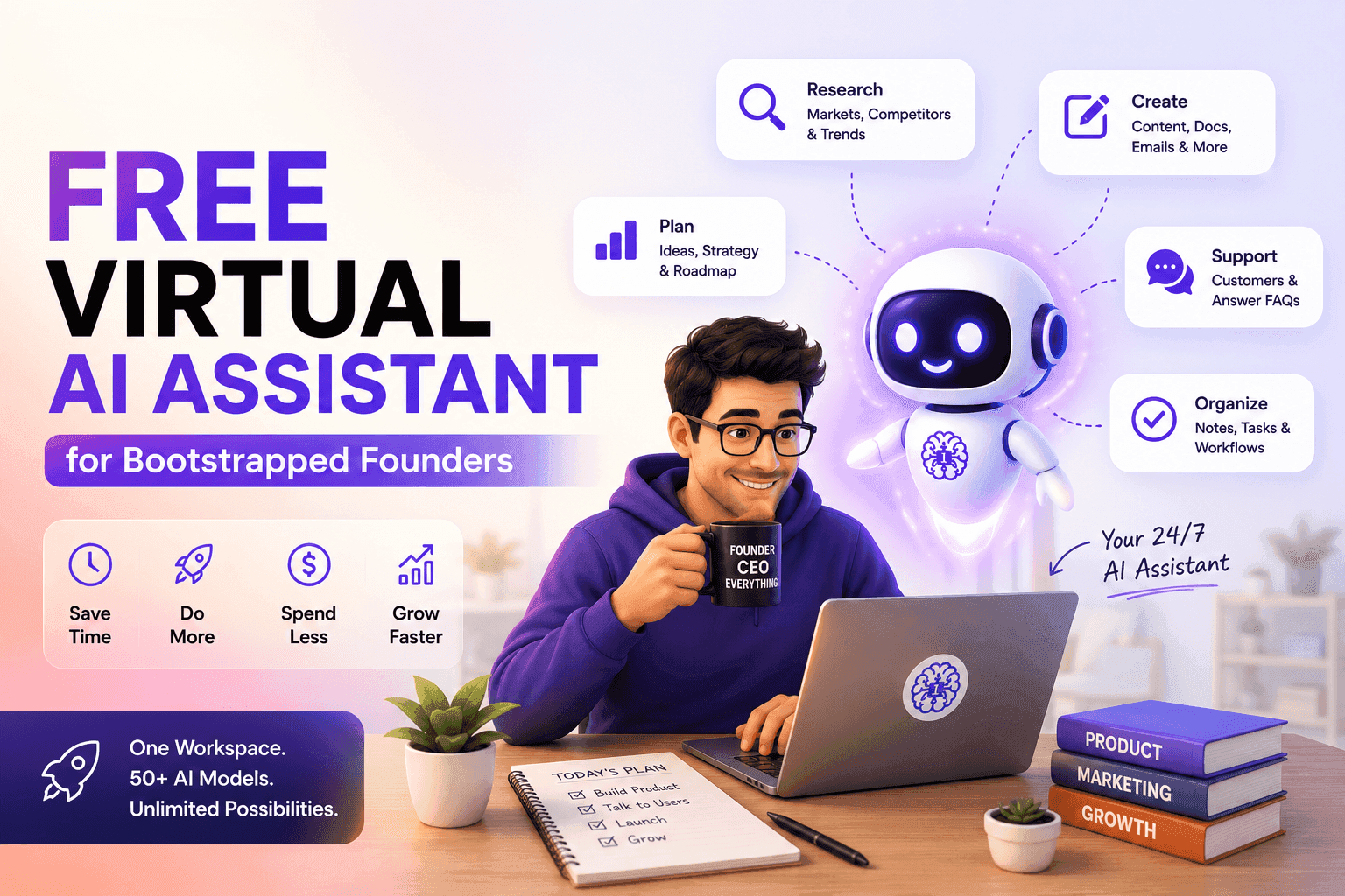 Man working on laptop with AI assistant robot promoting 1minAI for bootstrapped founders.