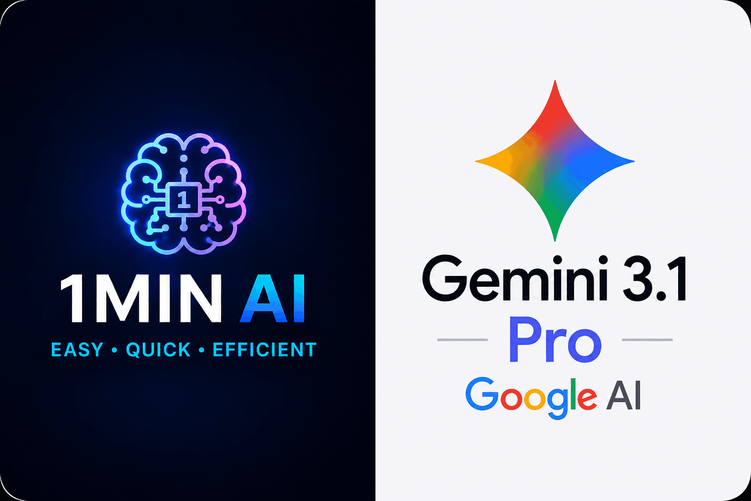 Neon brain icon next to 1MIN AI text, opposite Gemini 3.1 Pro Google AI logo.