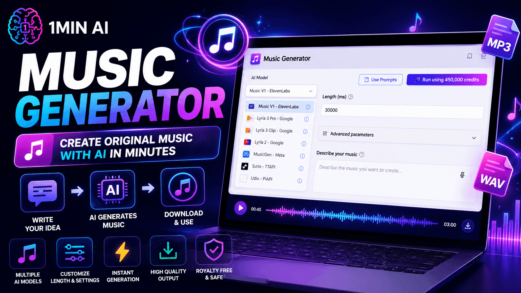 AI music generator interface on a laptop, showing creation process and output options.