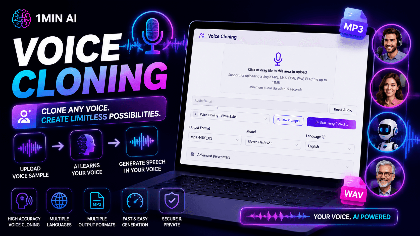 An advertisement for 1MIN AI Voice Cloning showing a laptop with its interface and audio sample icons.