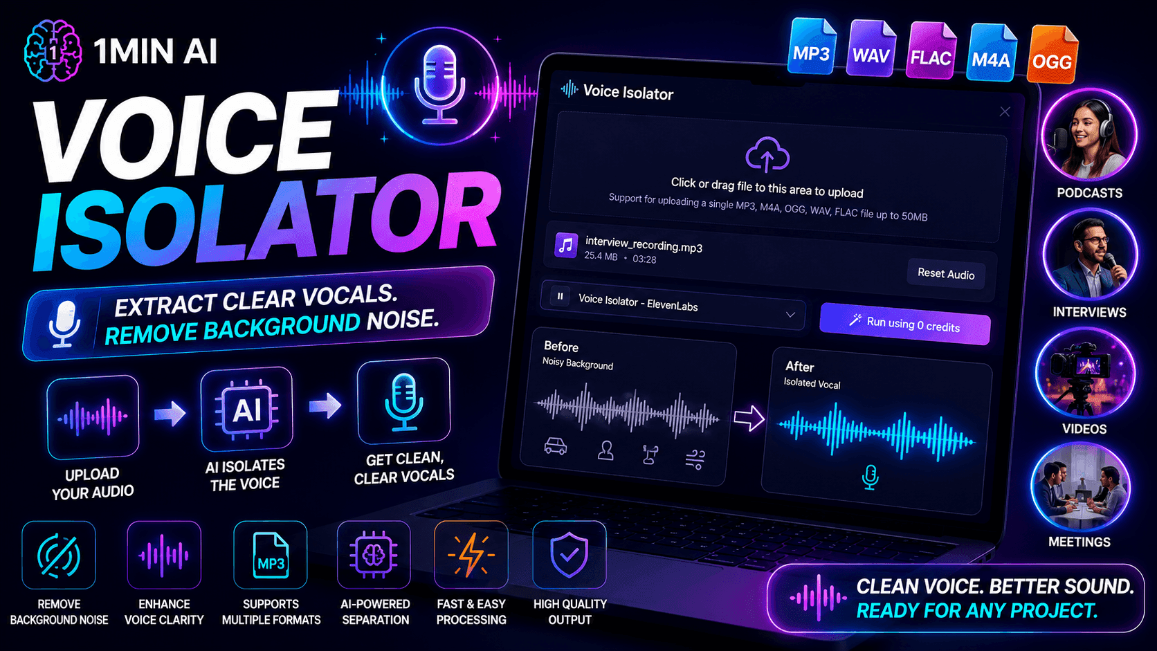 1MIN AI Voice Isolator software displayed on a laptop, extracting clear vocals and removing background noise.