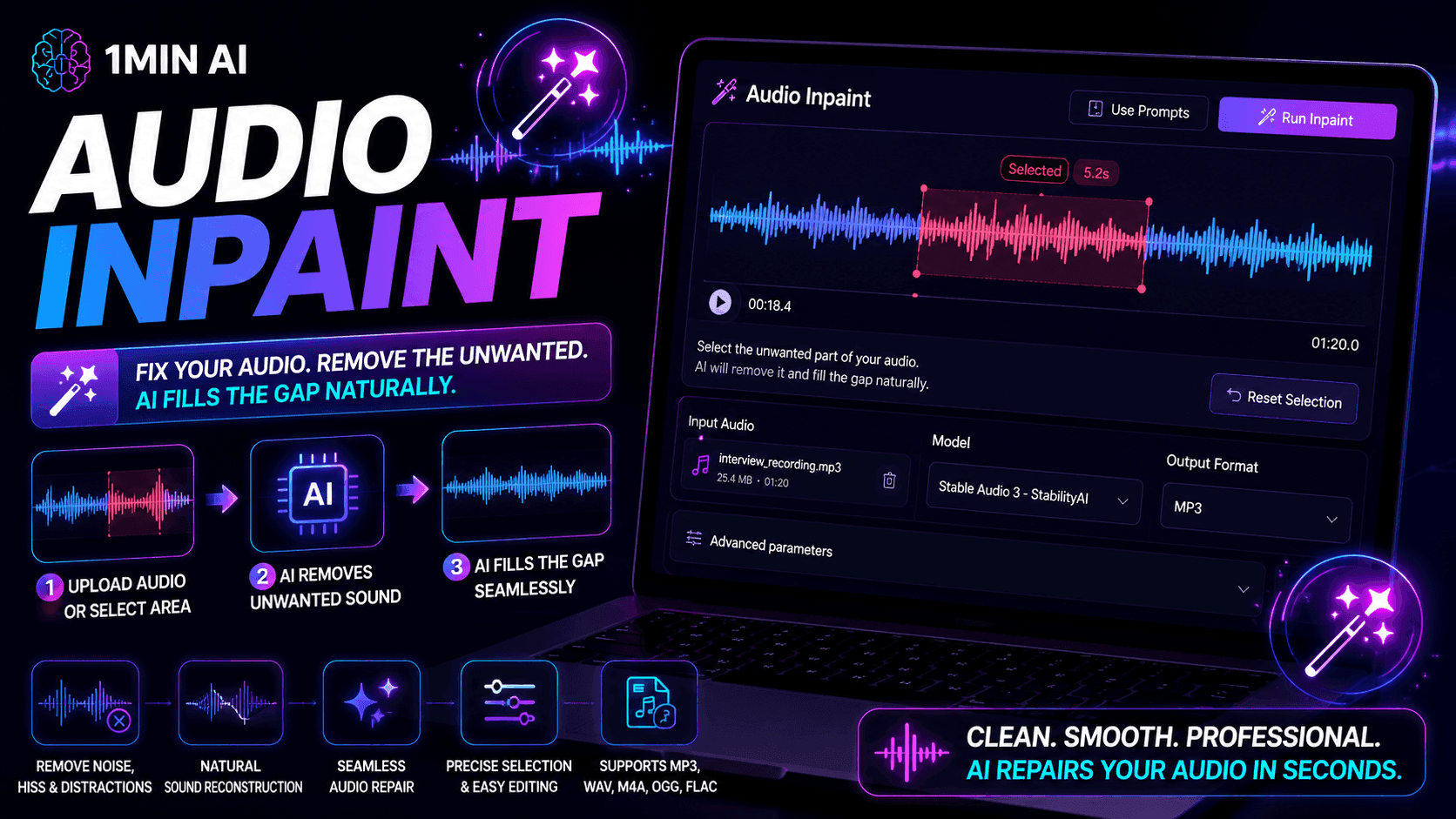 A promotional graphic for 1MIN AI Audio Inpaint, showcasing AI-powered audio repair software on a laptop.