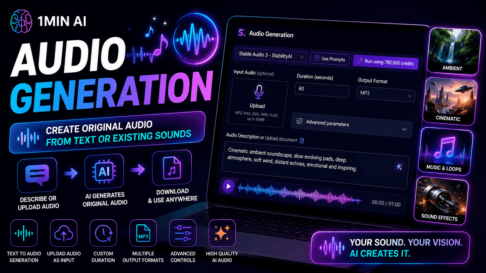 AI tool interface for generating audio from text or existing sounds.
