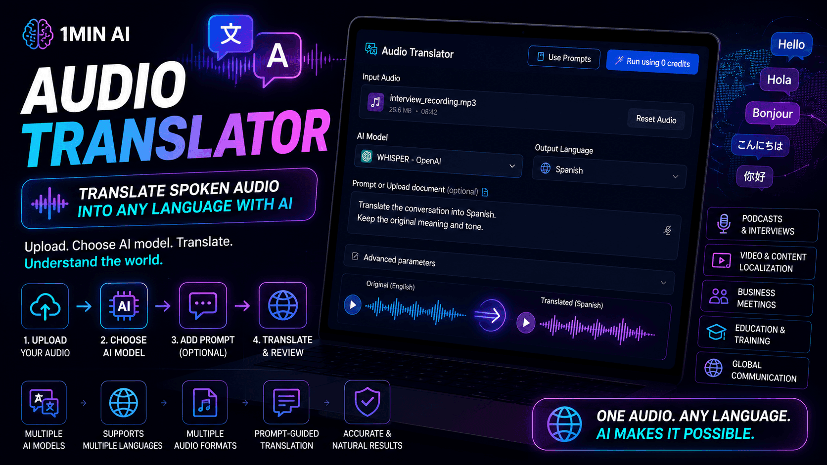 1MIN AI Audio Translator converts spoken audio into any language using artificial intelligence.