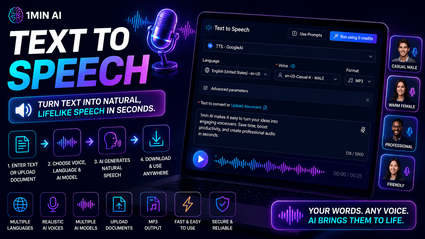 1Min AI Text to Speech service converts text into natural, lifelike speech in seconds.