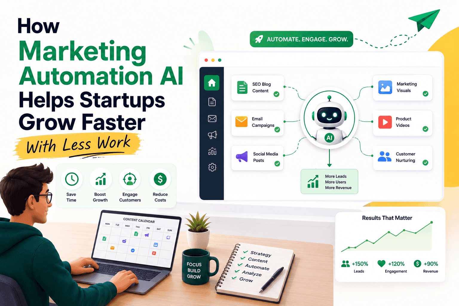 Marketing Automation AI diagram illustrating startup growth benefits, with a person on a laptop.