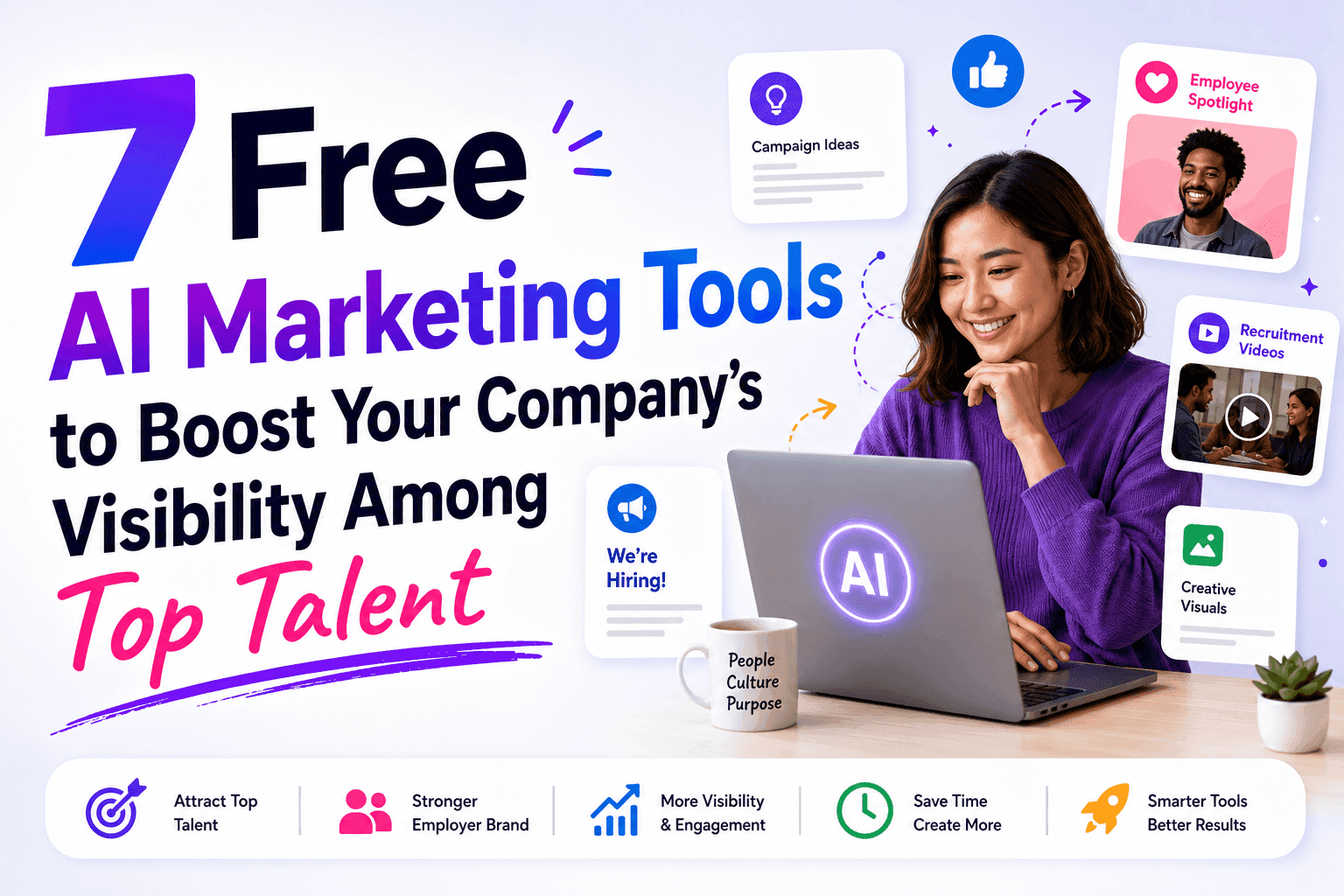 Smiling woman uses a laptop featuring '7 Free AI Marketing Tools' to attract top talent.