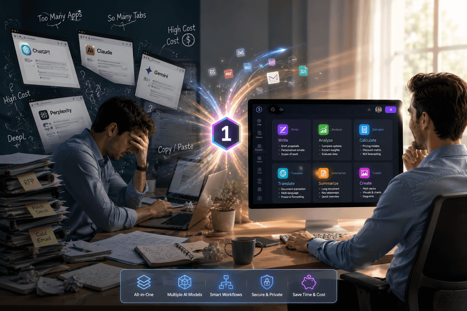 Stressed man at messy desk, relaxed man at clean desk with glowing solution platform.