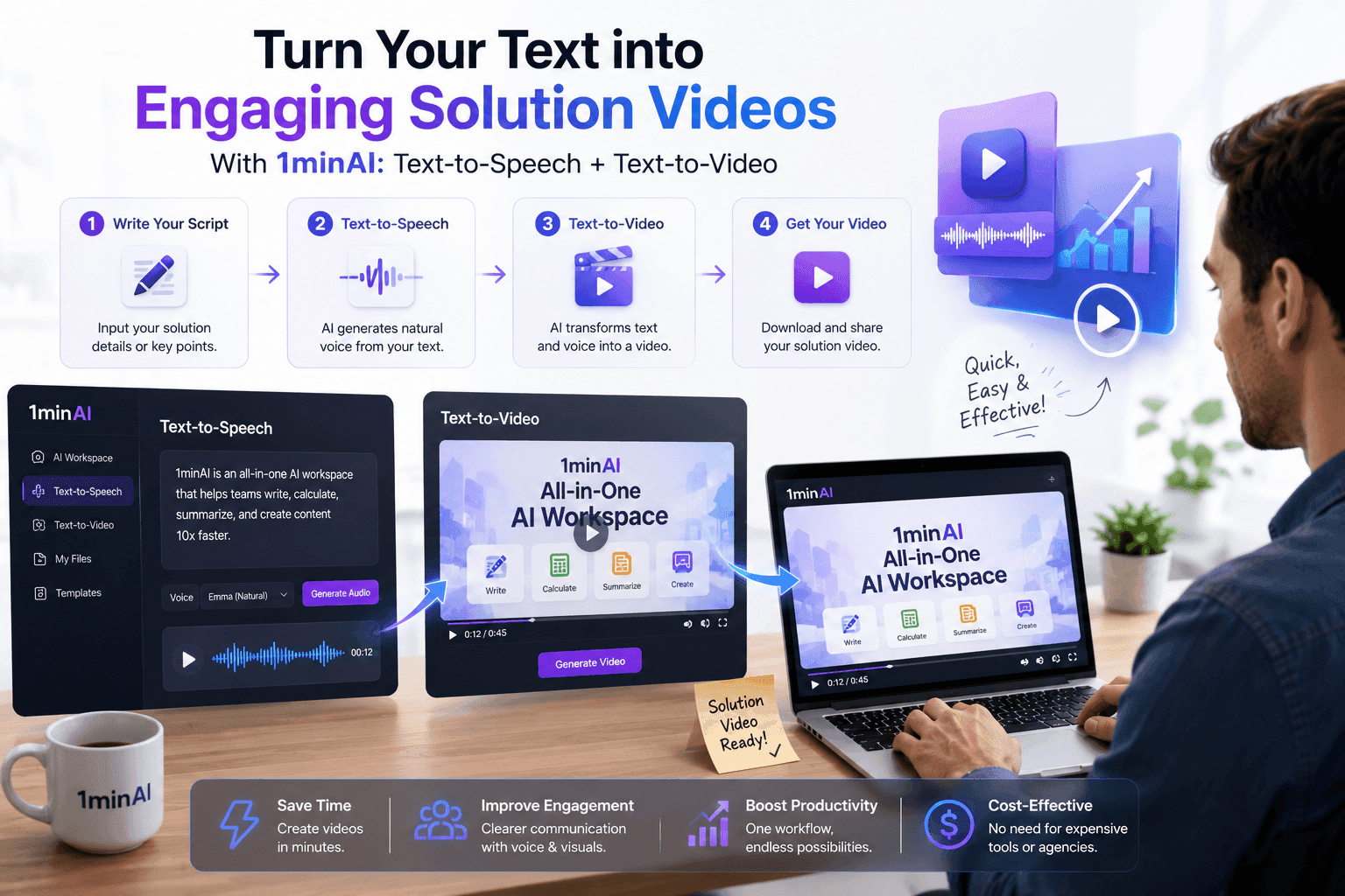 Man uses 1minAI to create text-to-video solutions on a laptop, demonstrating workflow.