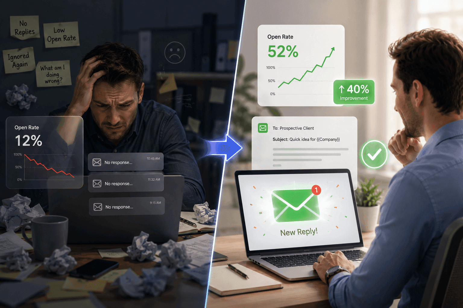 Man transforms from frustrated with low email open rates to pleased with high success.