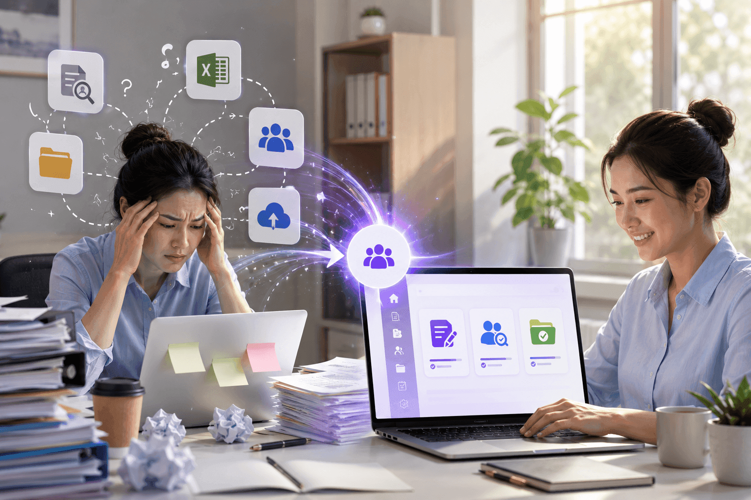 Stressed woman with messy files contrasts happy woman using an organized digital workflow system.