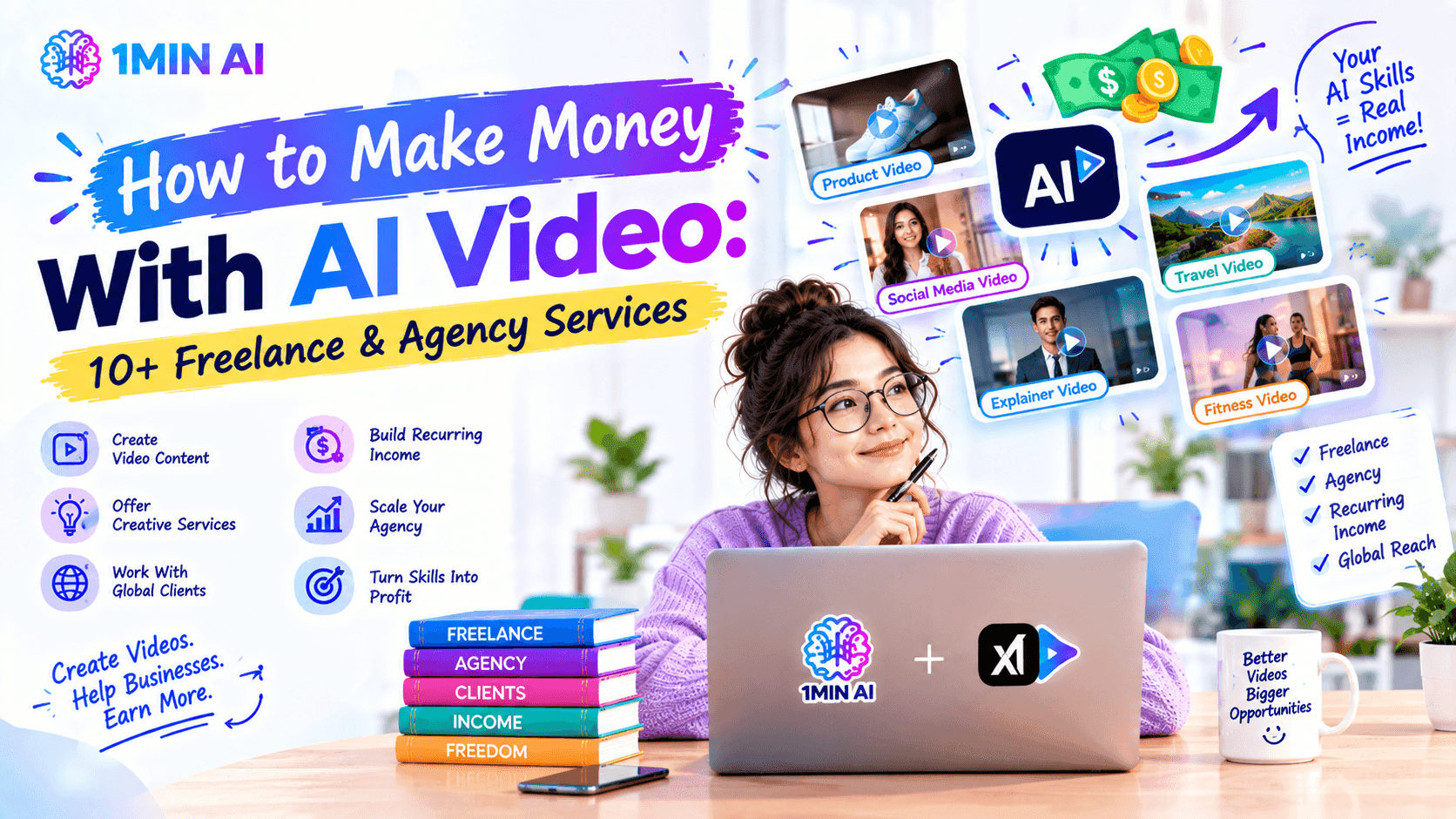 Woman at laptop with a video thumbnail promoting AI video services for making money.