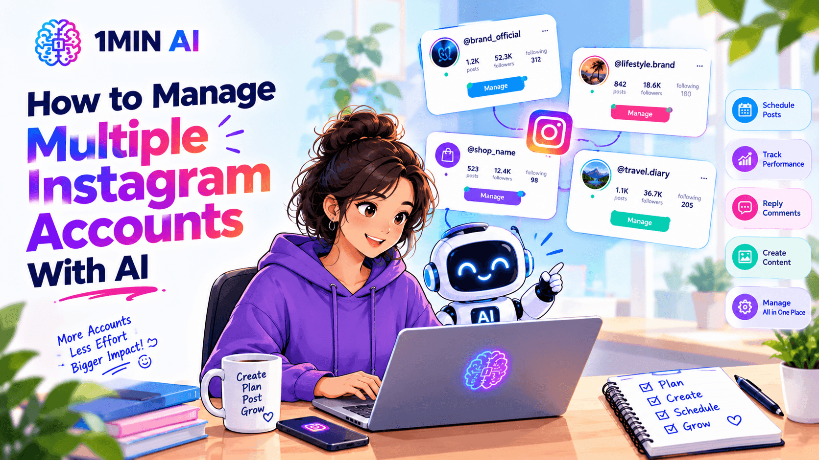 Woman and robot use AI to manage multiple Instagram accounts efficiently.