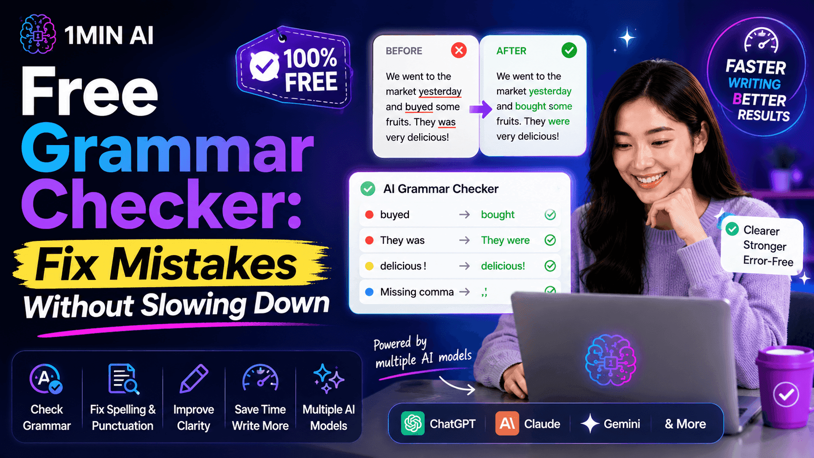 Smiling woman uses an AI grammar checker on her laptop to fix writing mistakes.
