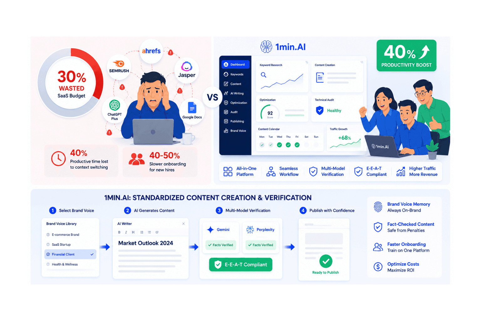 A comparison of content creation challenges versus solutions offered by 5min.AI for increased digital output.