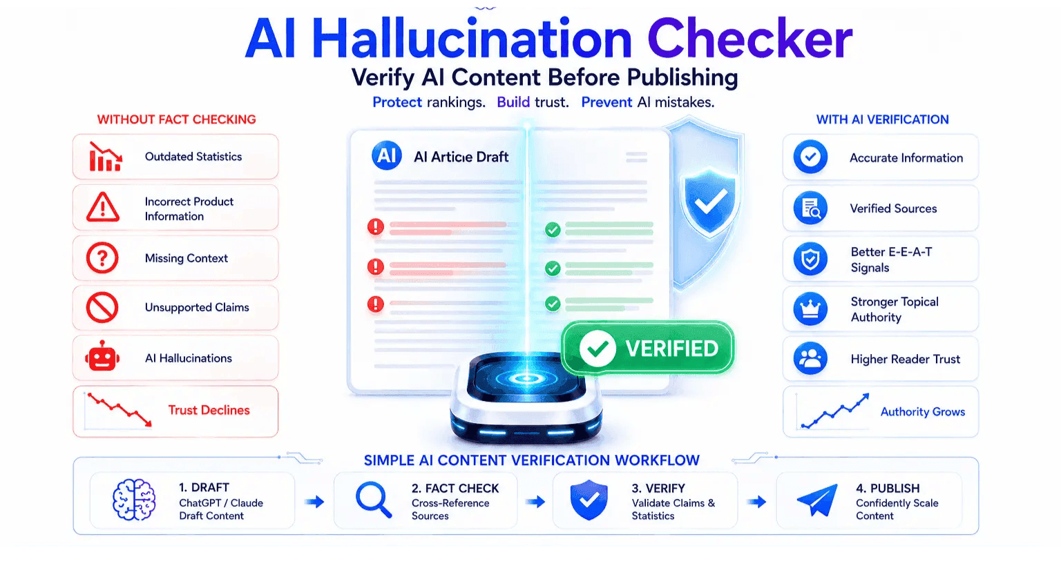 Diagram illustrating AI Hallucination Checker's content verification workflow, ensuring accurate AI-generated publishing.