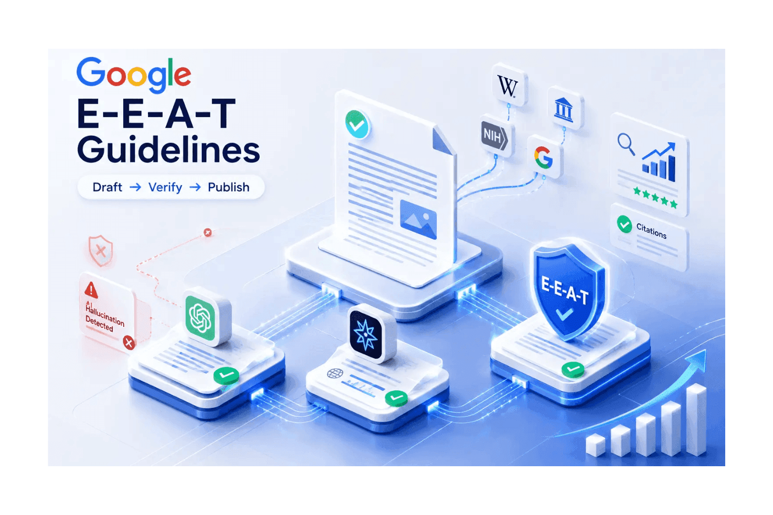 Google E-E-A-T Guidelines workflow showing draft, verify, publish stages with various icons.