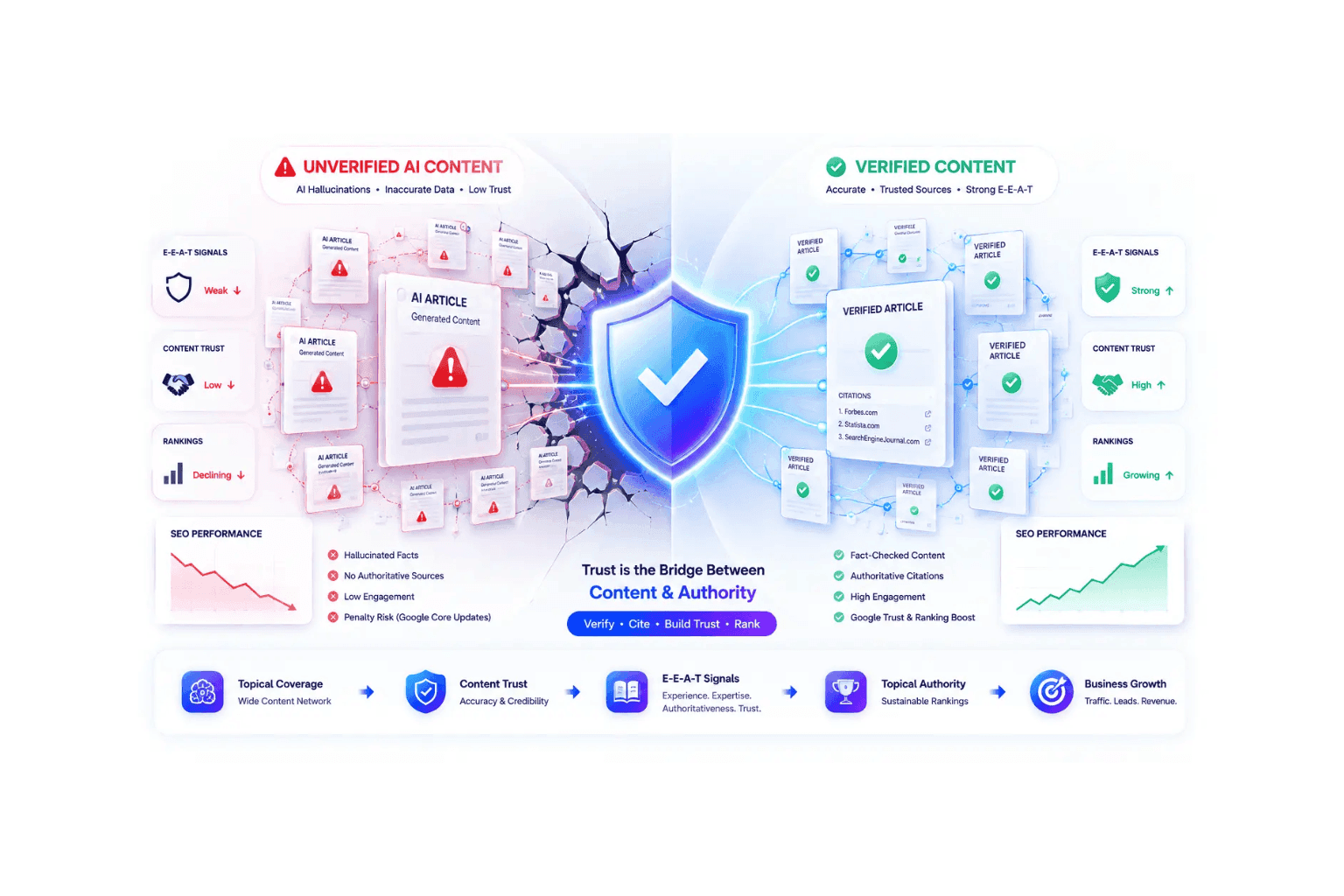 Infographic comparing unverified AI content (left) with verified content (right), centered by a trust shield.