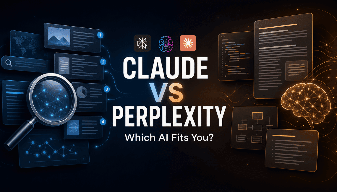 Digital graphic comparing Claude and Perplexity AI systems, asking 'Which AI Fits You?'