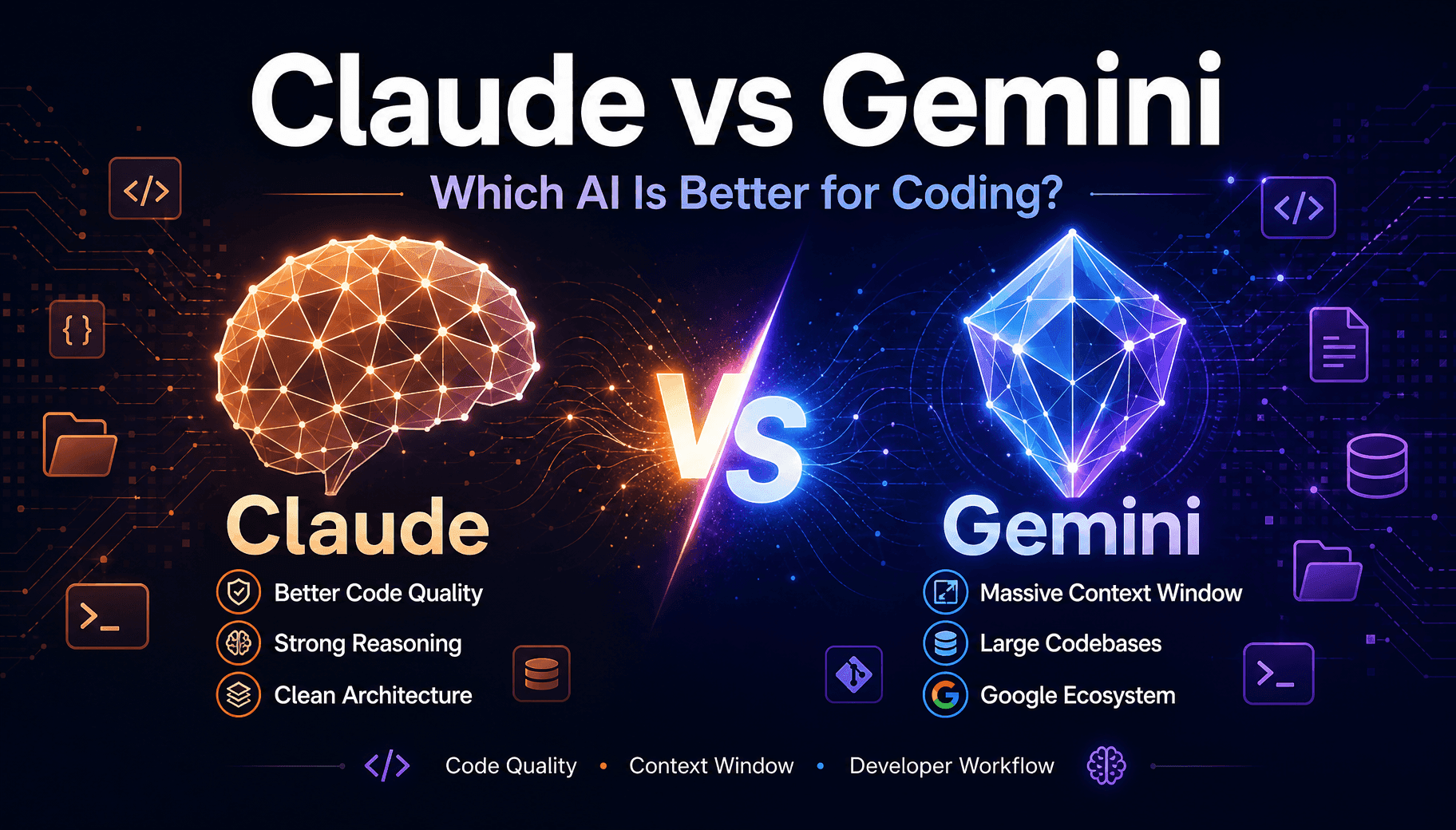 Graphic comparing Claude and Gemini AI for coding, highlighting their unique strengths.