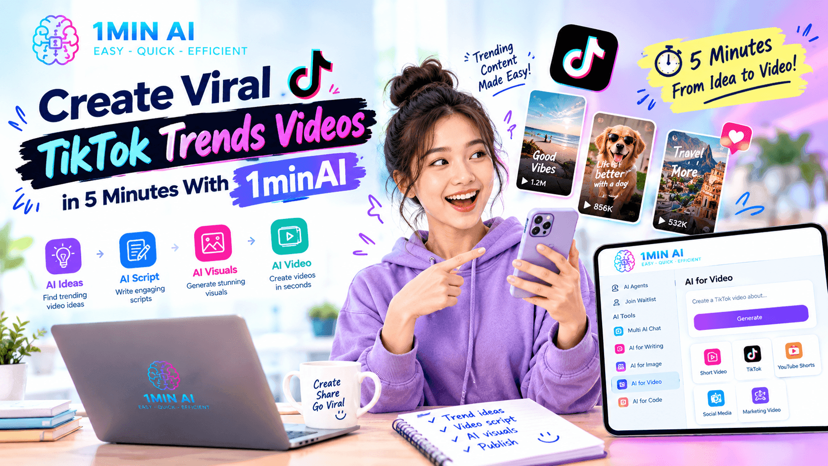 Create Viral TikTok Trends Videos in 5 Minutes With 1minAI