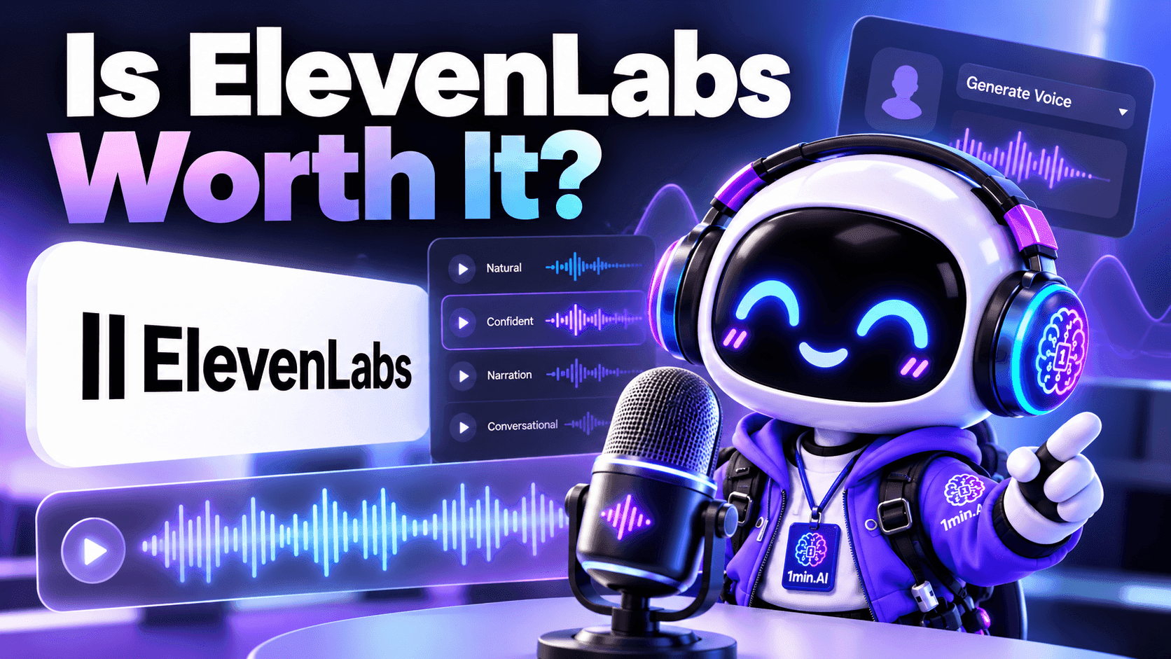 Robot podcaster asks 'Is ElevenLabs Worth It?' next to the ElevenLabs logo and sound waves.
